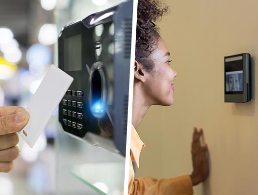 Collage of key-card-reader and retina-scanner