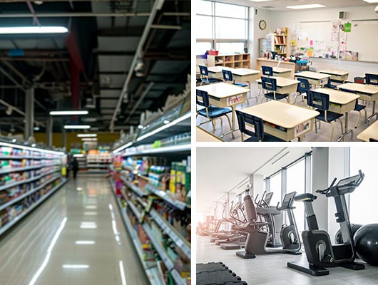 Collage of school retail-store and fitness facilities