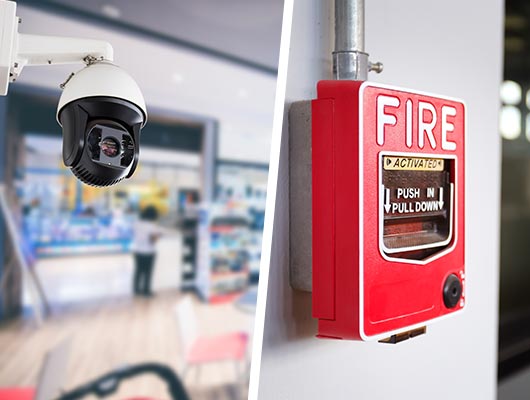 Collage of security camera and fire alarm system