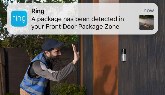 A person in front of ring doorbell and a popped up notification