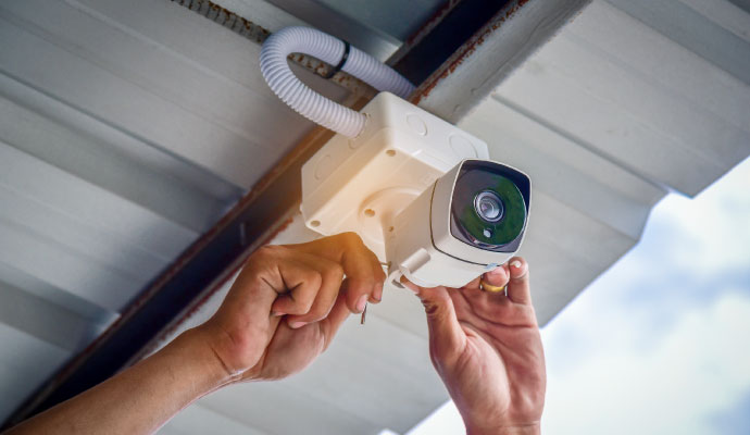 a person installing outdoor analog security camera