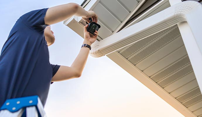 Person installing outdoor security camera